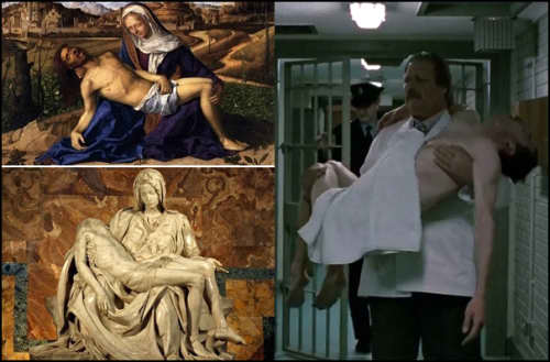 تصویر شمارهی ۴- نمایی از فیلم (راست) که شبیه به دو اثر هنری برجستهی اروپا موسوم به گرسنگی استیو مک کوئین